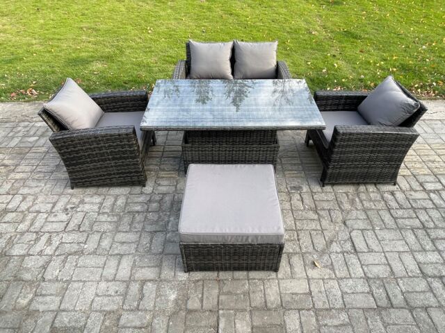 Fimous Outdoor Garden Dining Sets 5 Seater Rattan Patio Furniture Sofa Set with Rising Lifting Table Big Footstool in Dark Grey