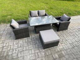 Fimous Outdoor Garden Dining Sets 5 Seater Rattan Patio Furniture Sofa Set with Rising Lifting Table Big Footstool in Dark Grey - thumbnail 2