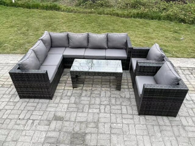 Fimous 8 Seater Rattan Corner Sofa Lounge Sofa Set With Rectangular Coffee Table 2 Arm Chair Left Hand in Dark Grey - image 1