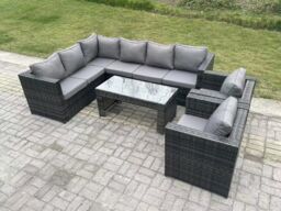 Fimous 8 Seater Rattan Corner Sofa Lounge Sofa Set With Rectangular Coffee Table 2 Arm Chair Left Hand in Dark Grey - thumbnail 2