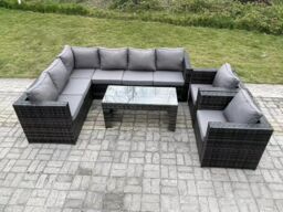 Fimous 8 Seater Rattan Corner Sofa Lounge Sofa Set With Rectangular Coffee Table 2 Arm Chair Left Hand in Dark Grey - thumbnail 1