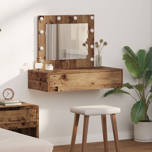 Berkfield Home Wall Hanging Dressing Table with LED Lights Old Wood in Brown - image 1