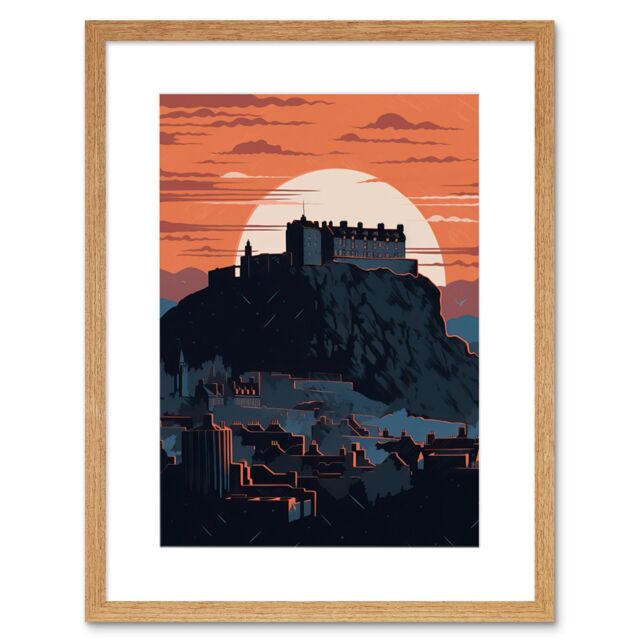 "Artery8 Wall Art Print Edinburgh Castle & Old Town Atmospheric Sunset Artwork Framed 9X7 Inch in Beige - Size: W7"" x H9""" - image 1