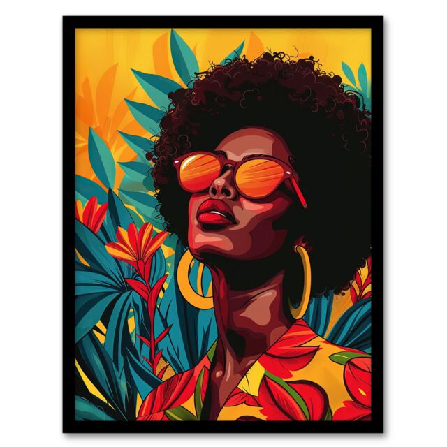 Artery8 Wall Art Print Caribbean Woman Shades Pop Art Sunny Day Painting Art Framed Poster in Black - Size: A4 - image 1