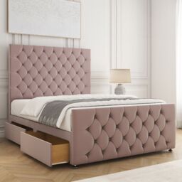 "BSSPOKE Maya Velvet Divan Bed 54""Headboard & 20""Footboard 4Drawers & Mattress in Pink - Size: Double" - thumbnail 1