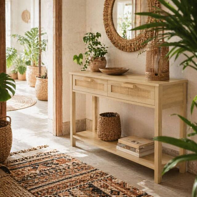 Wyld Haus Sedi 100cm Natural Wood Effect Console Table 2 Drawers Bottom Shelf - image 1