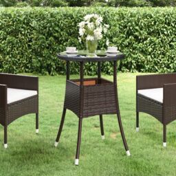 Berkfield Home Garden Table Ã˜60x75 cm Tempered Glass & Poly Rattan Brown - Size: 60x75 cm