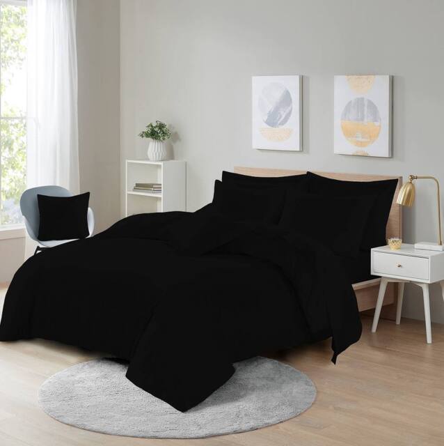 Homes-Linen Plain Dyed Polycotton Duvet Cover Set with Pillowcases in Black - Size: Double - image 1