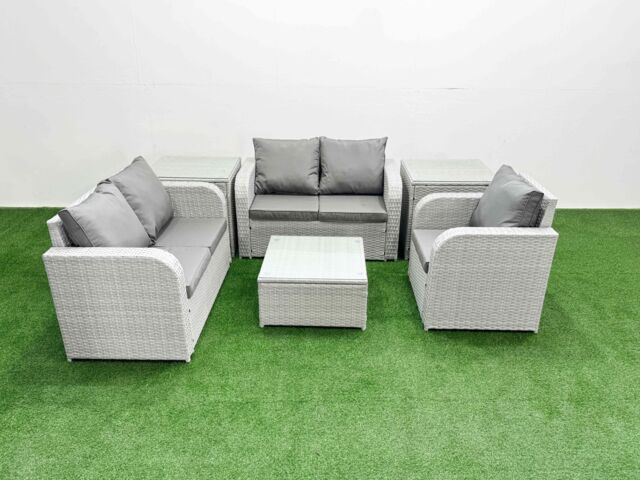 Fimous High Back Poly Rattan Garden Furniture Set w/ Reclining Chair Loveseat Sofa Square Coffee Table Indoor Outdoor Patio Set 2 Side Table Light - image 1