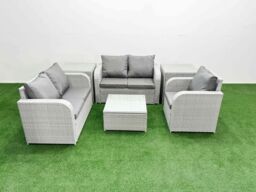 Fimous High Back Poly Rattan Garden Furniture Set w/ Reclining Chair Loveseat Sofa Square Coffee Table Indoor Outdoor Patio Set 2 Side Table Light - thumbnail 2