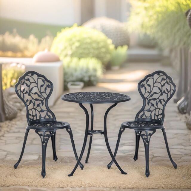 FURNOS Set of 3 Cast Aluminium Bistro Table & Chair Leaf Design in Black - image 1