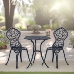 FURNOS Set of 3 Cast Aluminium Bistro Table & Chair Leaf Design in Black - thumbnail 3