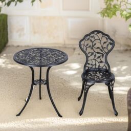 FURNOS Set of 3 Cast Aluminium Bistro Table & Chair Leaf Design in Black - thumbnail 5