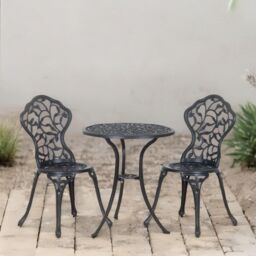 FURNOS Set of 3 Cast Aluminium Bistro Table & Chair Leaf Design in Black - thumbnail 2