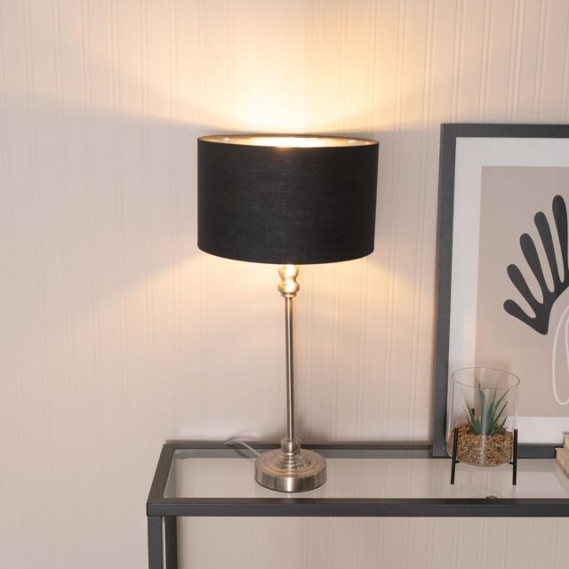 ValueLights Maggie Chrome Candlestick Table Lamp & Fabric Drum with Chrome Inner Lamp Shade in Black - image 1