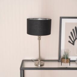 ValueLights Maggie Chrome Candlestick Table Lamp & Fabric Drum with Chrome Inner Lamp Shade in Black - thumbnail 3