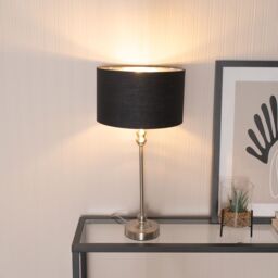 ValueLights Maggie Chrome Candlestick Table Lamp & Fabric Drum with Chrome Inner Lamp Shade in Black - thumbnail 1