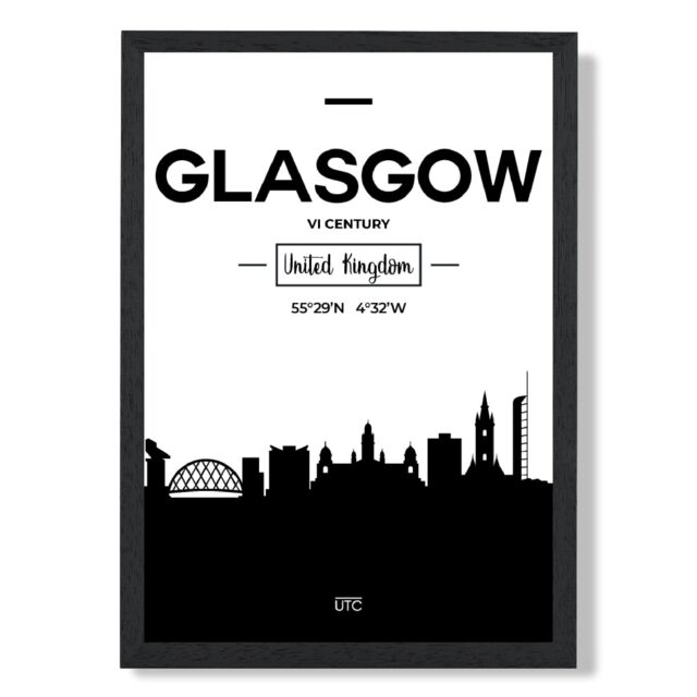 ARTZE Glasgow Black & White City Skyline Framed Print SIZE: A2 with Black Frame - Size: A4 - image 1