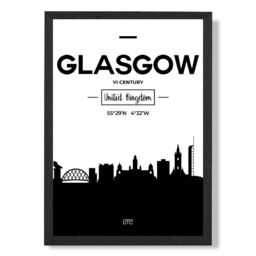 ARTZE Glasgow Black & White City Skyline Framed Print SIZE: A2 with Black Frame - Size: A4 - thumbnail 1
