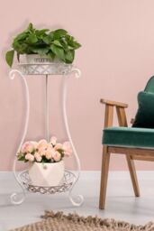 Living and Home 2 Tier Tall Vintage Metal Plant Stand Rack Plant Pot Holder in White - thumbnail 5