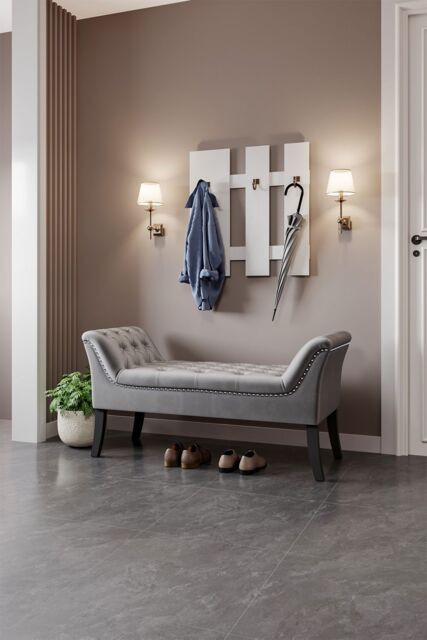 Living and Home Contemporary Velvet Buttoned Bench with Black Wood Legs in Grey - image 1