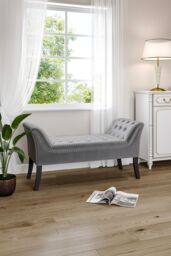 Living and Home Contemporary Velvet Buttoned Bench with Black Wood Legs in Grey - thumbnail 3