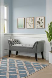 Living and Home Contemporary Velvet Buttoned Bench with Black Wood Legs in Grey - thumbnail 2