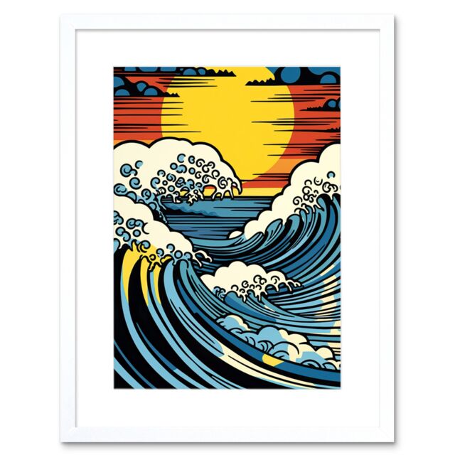 "Artery8 Wall Art Print Great Waves Linocut Comic Book Style Seascape Sunset Polka Dot Halftone Artwork Framed 9X7 Inch in White - Size: W7"" x H9""" - image 1