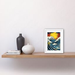 "Artery8 Wall Art Print Great Waves Linocut Comic Book Style Seascape Sunset Polka Dot Halftone Artwork Framed 9X7 Inch in White - Size: W7"" x H9""" - thumbnail 2