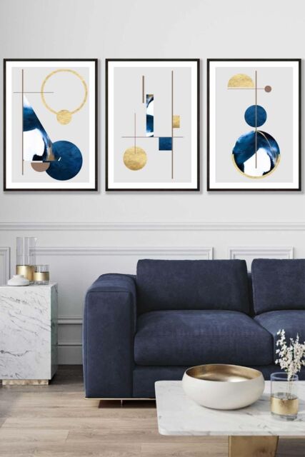 ARTZE Abstract Textured Geometric Art in Navy Blue & Gold Framed Wall Art - Large in Black - Size: W53 cm x H73 cm x D20mm - image 1