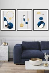 ARTZE Abstract Textured Geometric Art in Navy Blue & Gold Framed Wall Art - Large in Black - Size: W53 cm x H73 cm x D20mm - thumbnail 1