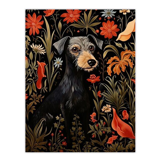 Artery8 Black Irish Terrier Dog On Elegant Floral Backdrop William Morris Style Pattern Artwork Unframed Wall Art Print Poster Home Decor Premium - image 1