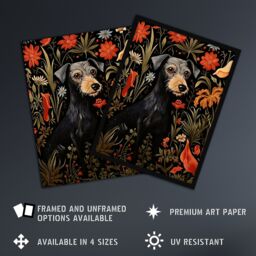 Artery8 Black Irish Terrier Dog On Elegant Floral Backdrop William Morris Style Pattern Artwork Unframed Wall Art Print Poster Home Decor Premium - thumbnail 2