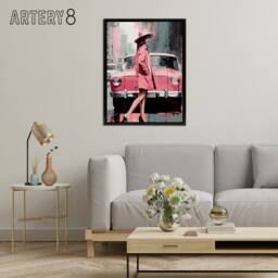 "Artery8 Woman & Pink Classic Car Retro Fashion Framed Canvas Wall Art Print - Size: W12"" x H16""" - thumbnail 3