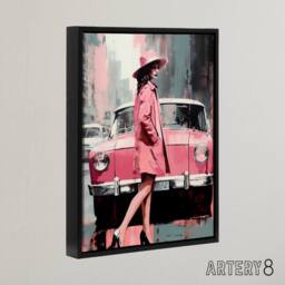 "Artery8 Woman & Pink Classic Car Retro Fashion Framed Canvas Wall Art Print - Size: W12"" x H16""" - thumbnail 2