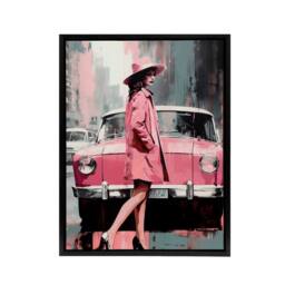 "Artery8 Woman & Pink Classic Car Retro Fashion Framed Canvas Wall Art Print - Size: W12"" x H16""" - thumbnail 1