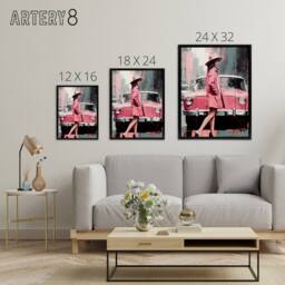 "Artery8 Woman & Pink Classic Car Retro Fashion Framed Canvas Wall Art Print - Size: W12"" x H16""" - thumbnail 4