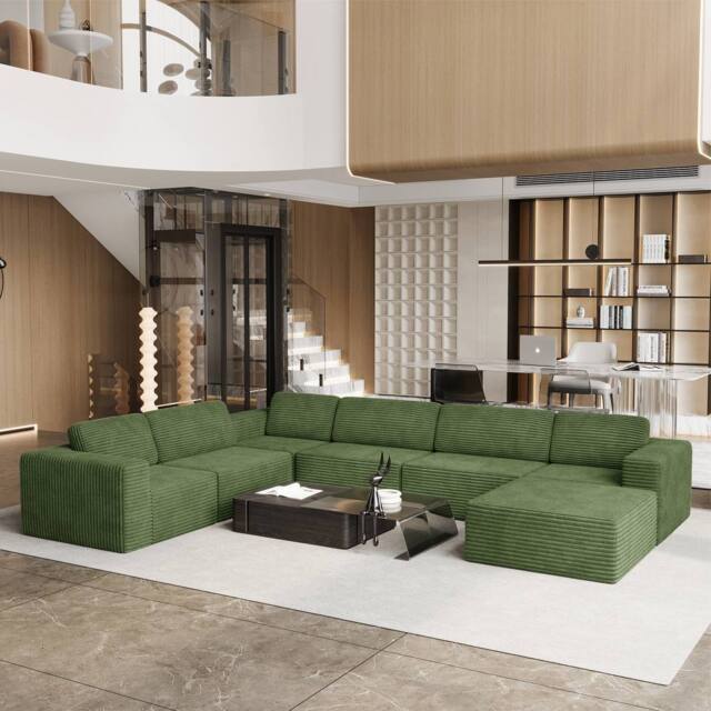 Dprodo Corduroy Modular Sofa, 6-Seater Corner Couch, 25V9 in Green - image 1