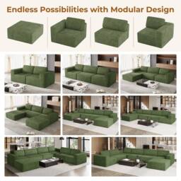 Dprodo Corduroy Modular Sofa, 6-Seater Corner Couch, 25V9 in Green - thumbnail 3