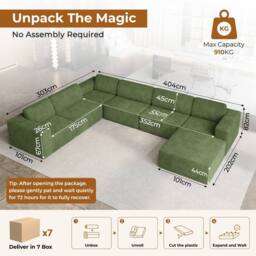 Dprodo Corduroy Modular Sofa, 6-Seater Corner Couch, 25V9 in Green - thumbnail 2