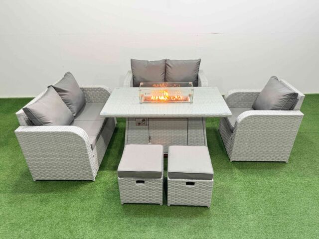 Fimous High Back Poly Rattan Garden Furniture Set with Reclining Chair Loveseat Sofa Firepit Dining Table Indoor Outdoor Patio Set 2 Stool Light Grey - image 1