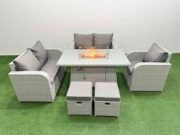 Fimous High Back Poly Rattan Garden Furniture Set with Reclining Chair Loveseat Sofa Firepit Dining Table Indoor Outdoor Patio Set 2 Stool Light Grey - thumbnail 2