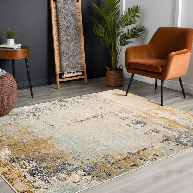 Livabliss City-Abstract Yellow Grey Blue Modern Marble Living Dining Bedroom Rug in Mustard - Size: 200 cm x 275 cm - image 1