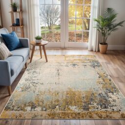 Livabliss City-Abstract Yellow Grey Blue Modern Marble Living Dining Bedroom Rug in Mustard - Size: 200 cm x 275 cm - thumbnail 8