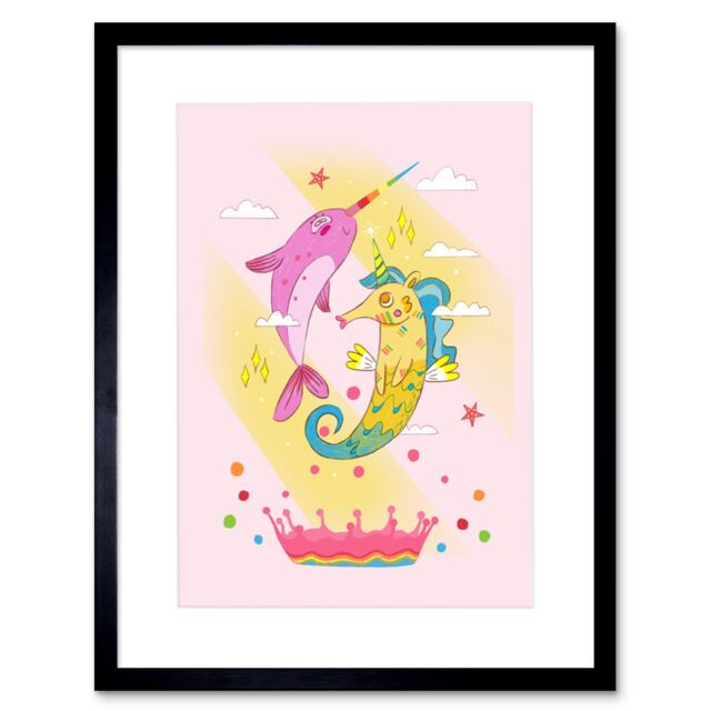 "Artery8 Wall Art Print Unicorn Seahorse Narwhal Magic Art Framed 9x7 inch in Black - Size: W7"" x H9""" - image 1