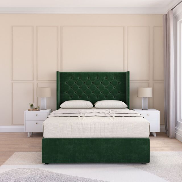 "Sloomy Dior Wing Bed Set No Drawers With Ortho Sprung Mattress & 54"" Floor standing Headboard Plush Velvet in Emerald - Size: Double" - image 1
