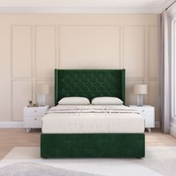 "Sloomy Dior Wing Bed Set No Drawers With Ortho Sprung Mattress & 54"" Floor standing Headboard Plush Velvet in Emerald - Size: Double"