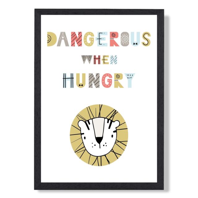 ARTZE Cute Dangerous When Hungry Lion Scandi Quote Framed Print SIZE: A4 with Black Frame in Pale Blue - image 1