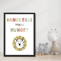 ARTZE Cute Dangerous When Hungry Lion Scandi Quote Framed Print SIZE: A4 with Black Frame in Pale Blue - thumbnail 2