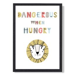ARTZE Cute Dangerous When Hungry Lion Scandi Quote Framed Print SIZE: A4 with Black Frame in Pale Blue - thumbnail 1